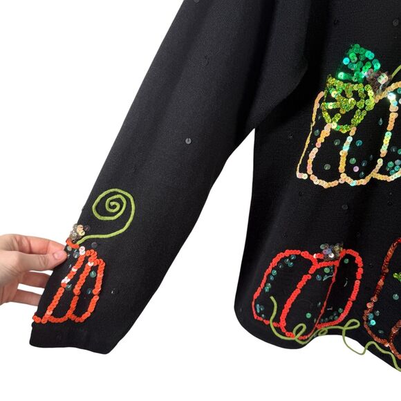 Belle Pointe Vintage Pumpkin Sequin Sweater Art to Wear 3D Knit Womens Size XL - Picture 2 of 8